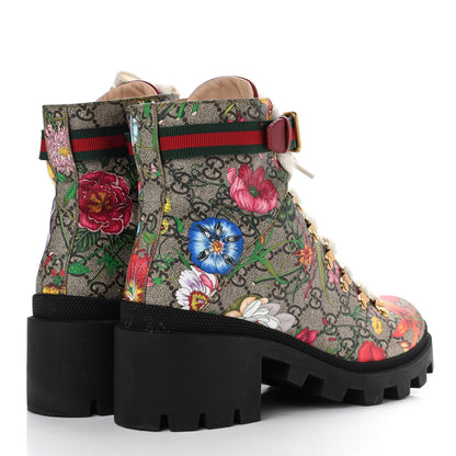 Gucci GG Supreme Monogram Flora Lace Up Combat Ankle Boots 39.5 Beige Multicolor Red 4 of 11