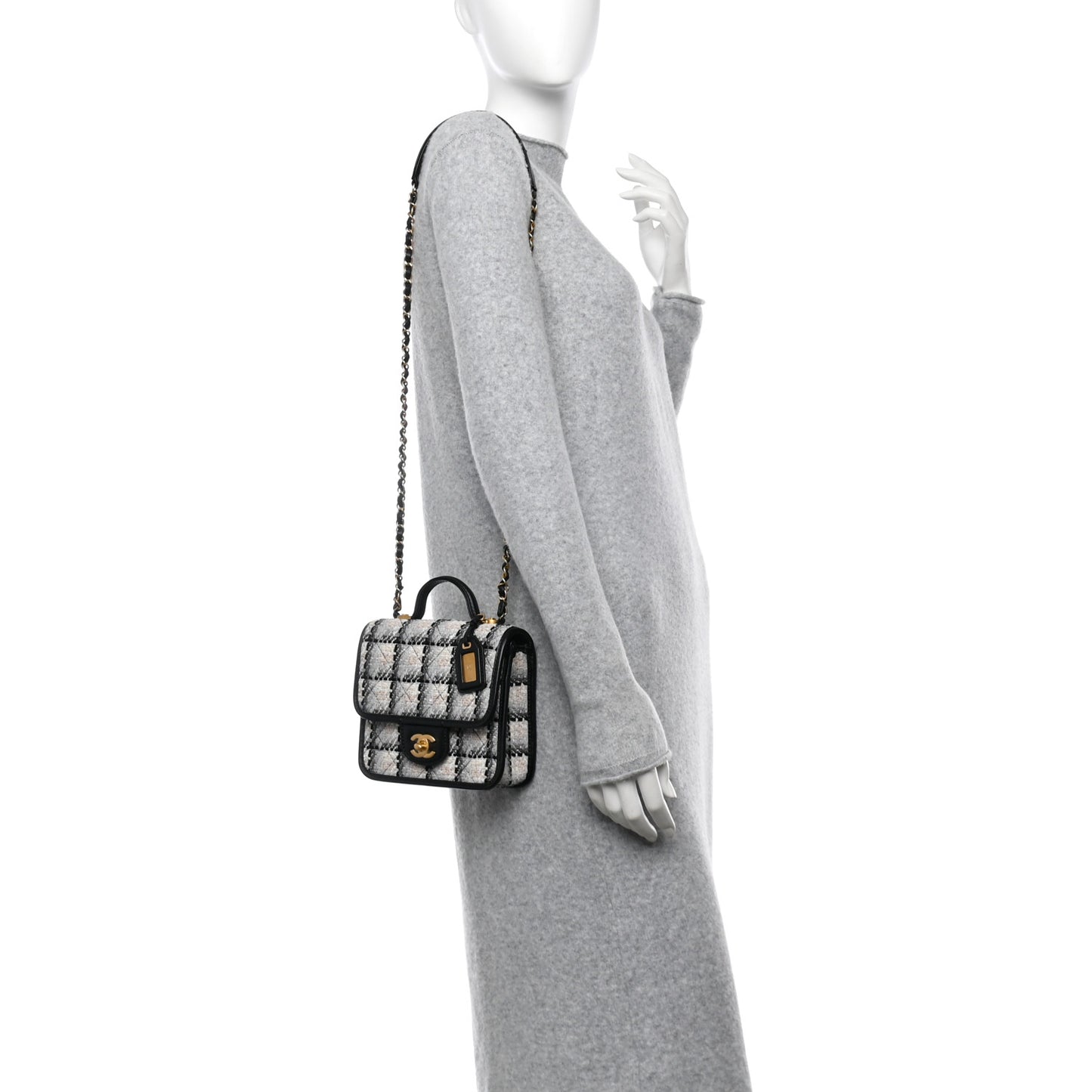 Tweed Calfskin School Memory Mini Top Handle Flap Ecru Grey Beige Black