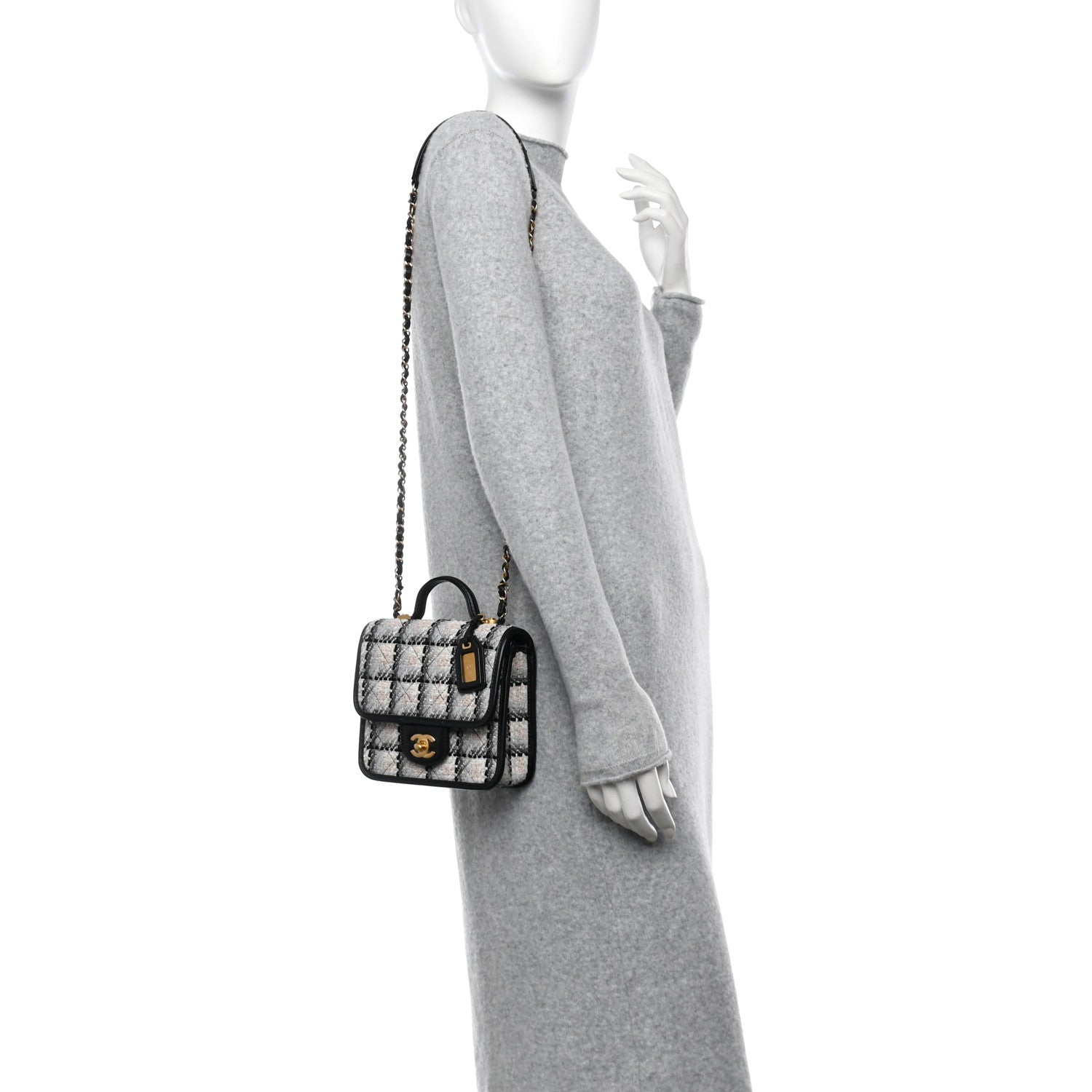 Chanel Tweed Calfskin School Memory Mini Top Handle Flap Ecru Grey Beige Black 2 of 10