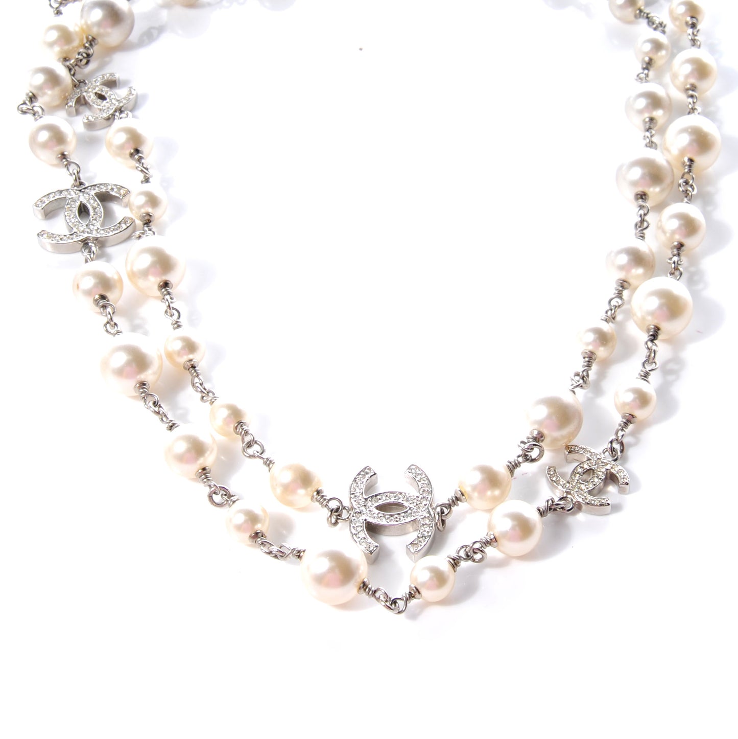 Crystal Pearl CC Long Necklace Silver