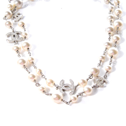 Chanel Crystal Pearl CC Long Necklace Silver 1 of 6