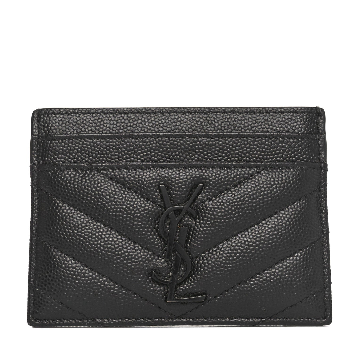 Saint Laurent Grain De Poudre Matelasse Chevron Monochrome Monogram Credit Card Case Black 1 of 8