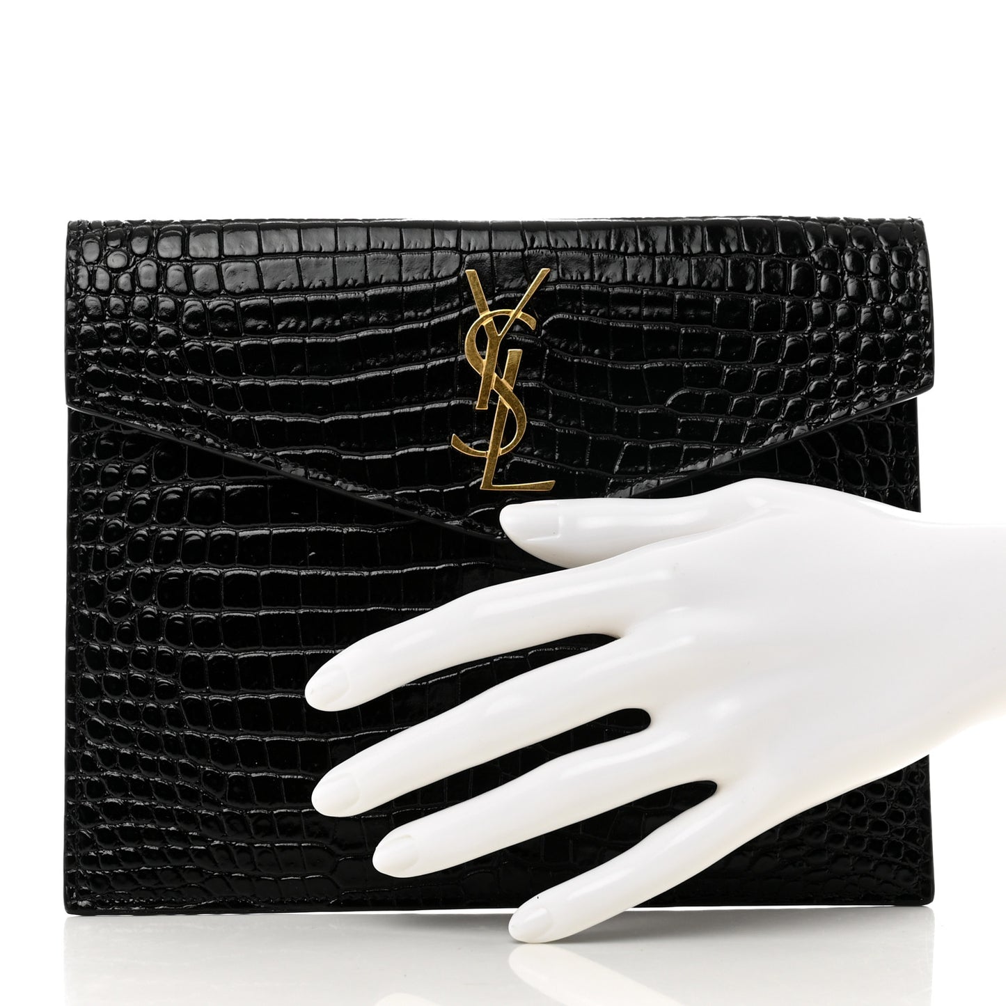 Calfskin Crocodile Embossed Monogram Uptown Baby Pouch Black