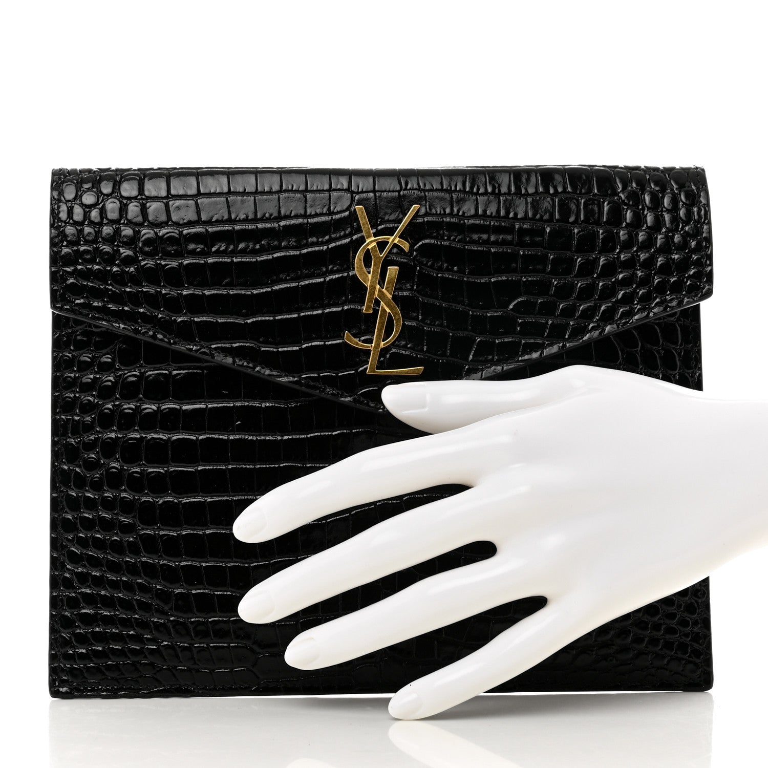Saint Laurent Calfskin Crocodile Embossed Monogram Uptown Baby Pouch Black 2 of 6