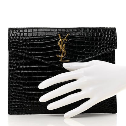 Saint Laurent Calfskin Crocodile Embossed Monogram Uptown Baby Pouch Black 2 of 6
