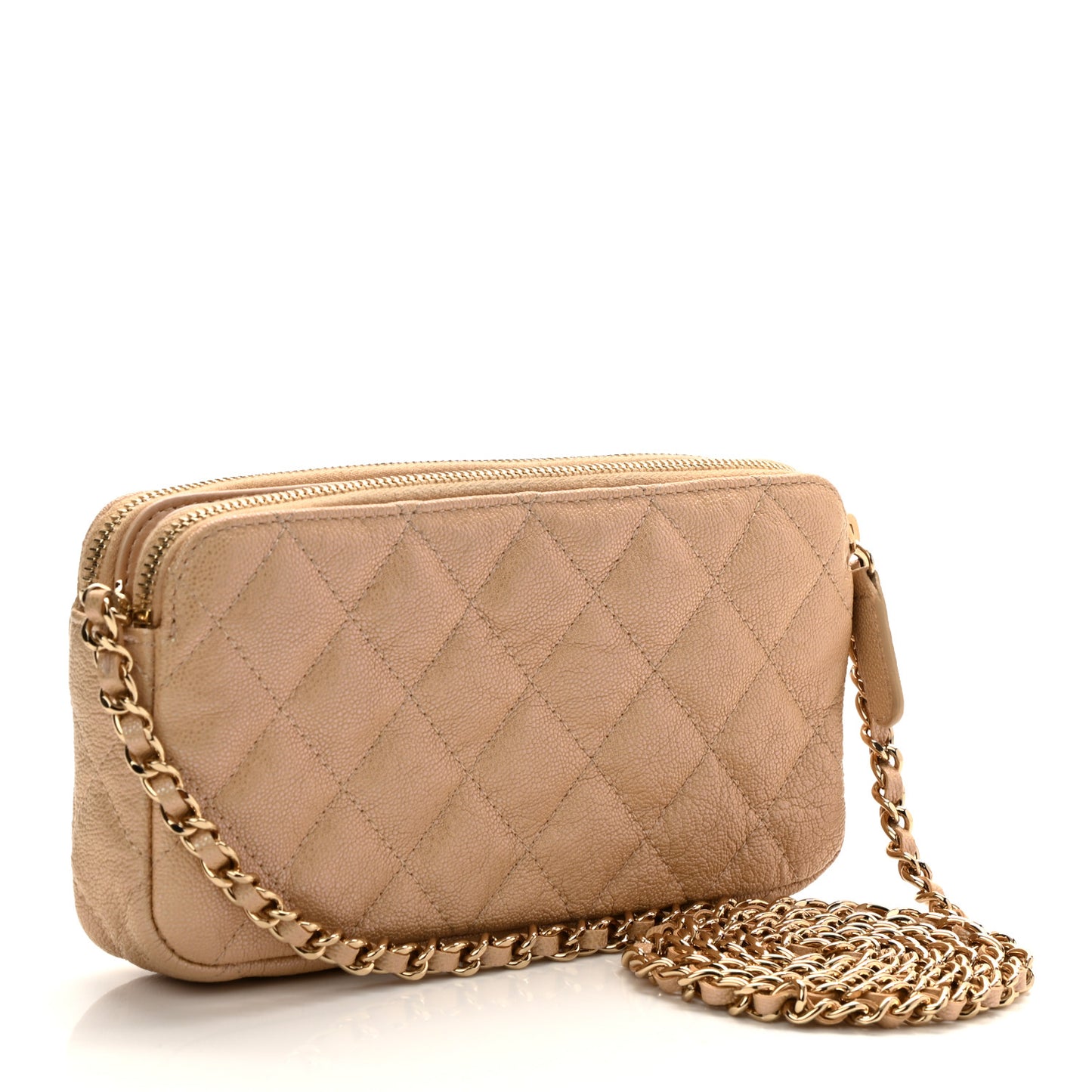 Iridescent Caviar Quilted Small Clutch With Chain Beige