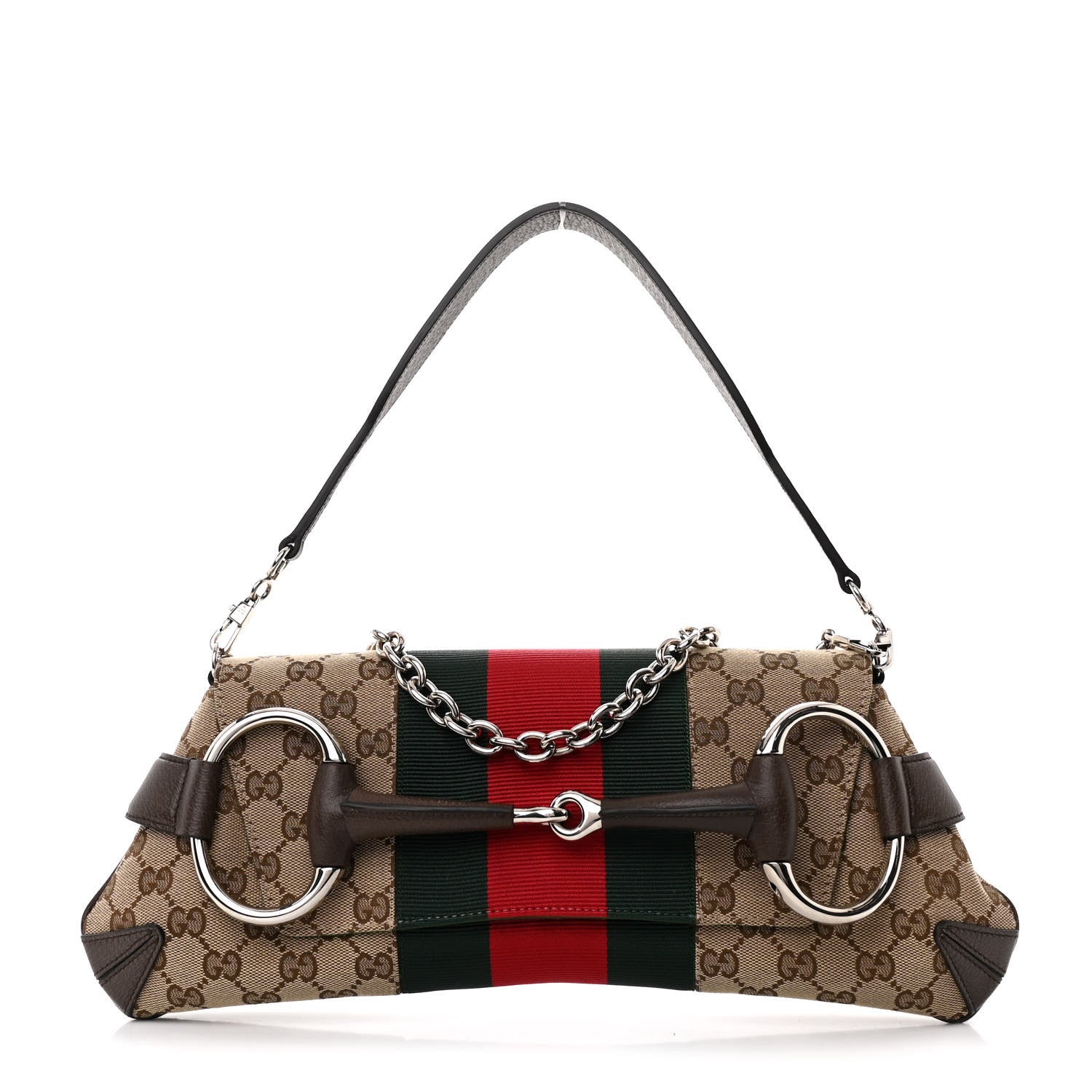 Gucci Monogram Textured Dollar Calfskin Heavy Grosgrain Web Medium Maxi Horsebit Chain Shoulder Bag Beige Ebony New Acero 1 of 10
