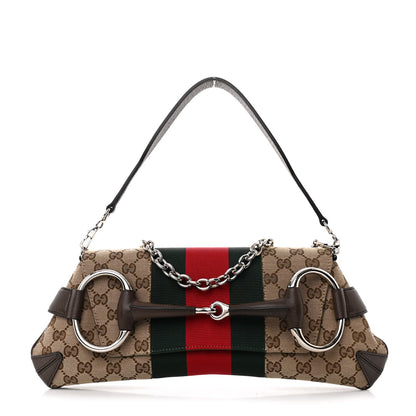 Gucci Monogram Textured Dollar Calfskin Heavy Grosgrain Web Medium Maxi Horsebit Chain Shoulder Bag Beige Ebony New Acero 1 of 10