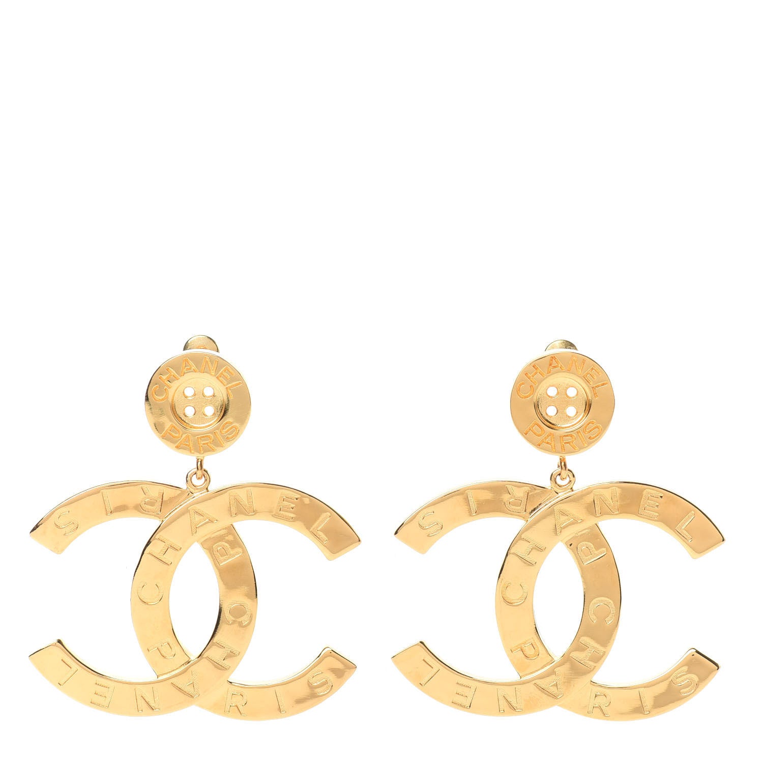 Chanel Metal Large Paris Button Earrings Gold 1 of 5