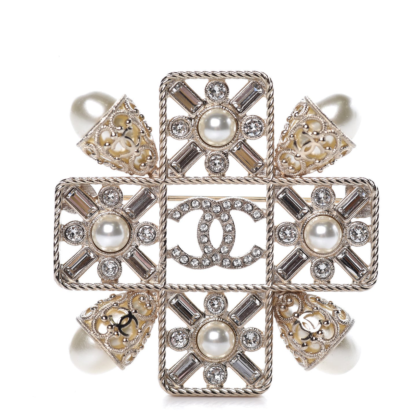 Pearl Baguette Crystal Sparkling Pearls CC Brooch White Light Gold