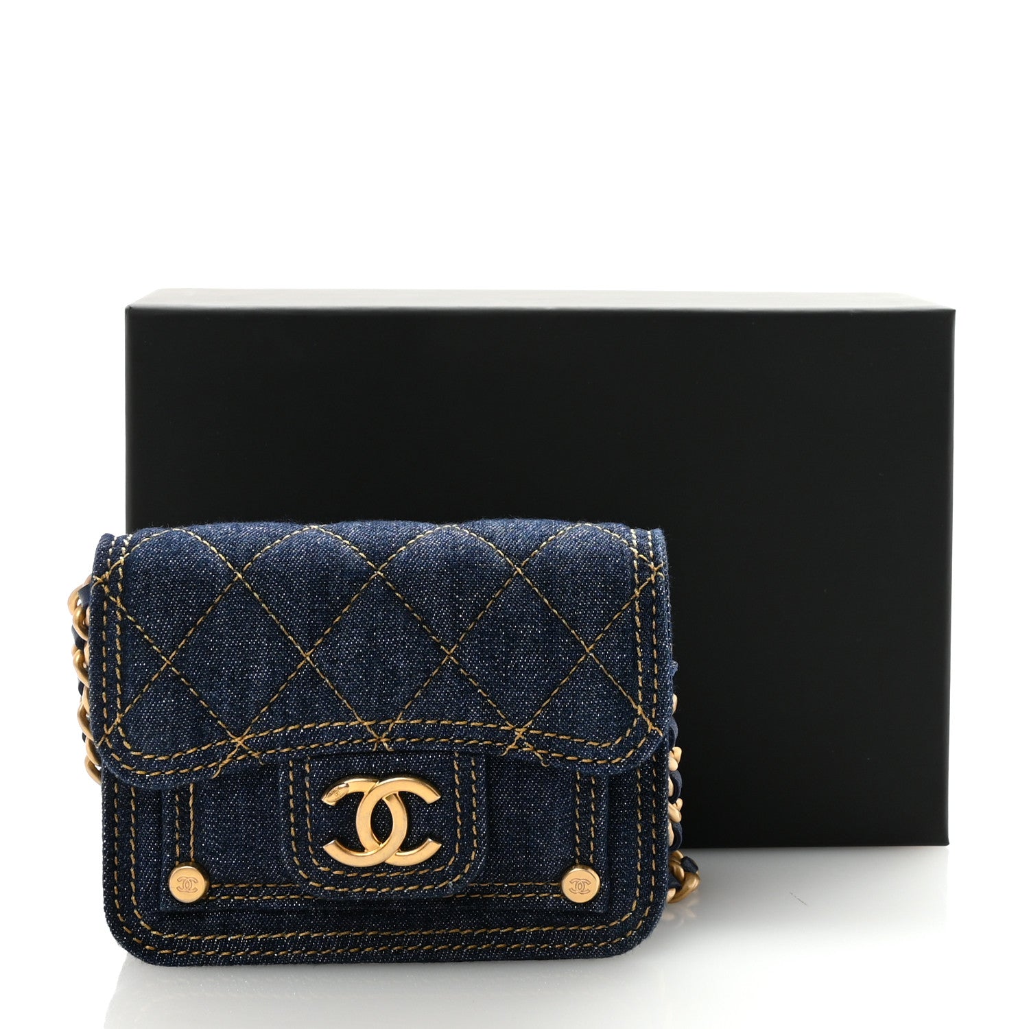 Chanel Denim Quilted Double You Card Holder On Chain Blue 11 of 11