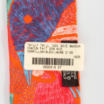 Hermes Silk Chacun Fait Son Nid Twilly Vermillon Bleu Jaune d'Or 5 of 6