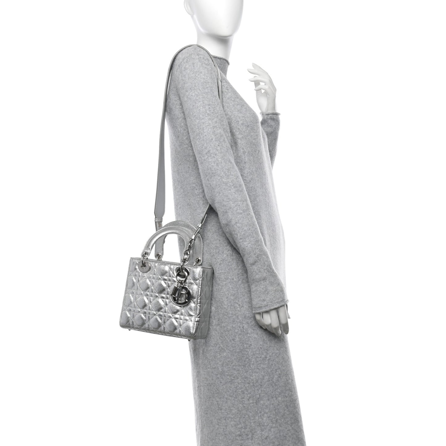 Metallic Grained Calfskin Cannage Small Lucky Badges My Lady Dior Silver