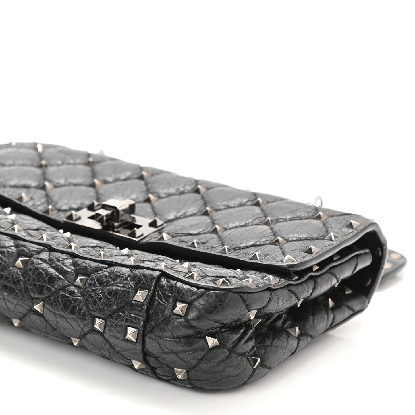 Craquele Nappa Small Rockstud Spike Shoulder Bag Black