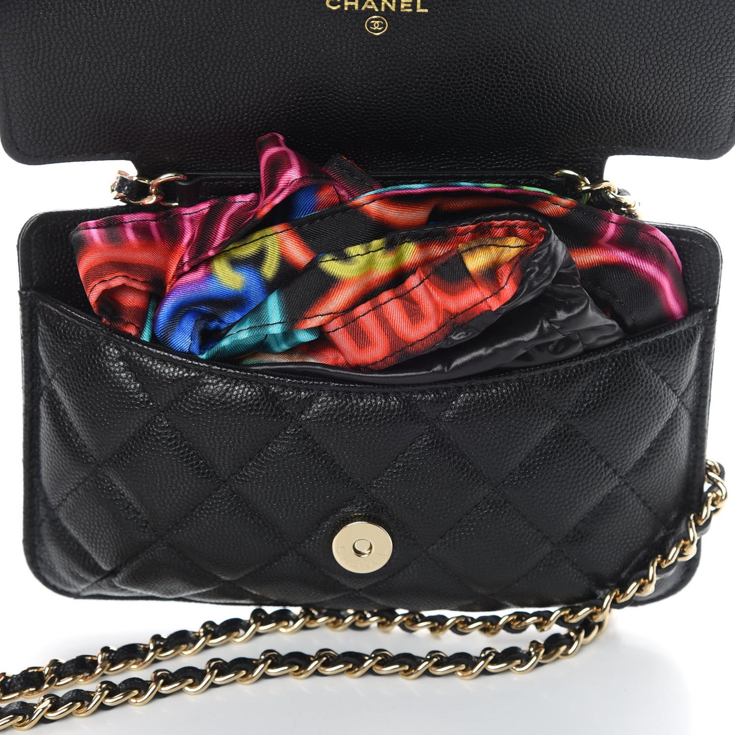 Caviar Fabric Graffiti Foldable Tote Bag With Chain Black Multicolor
