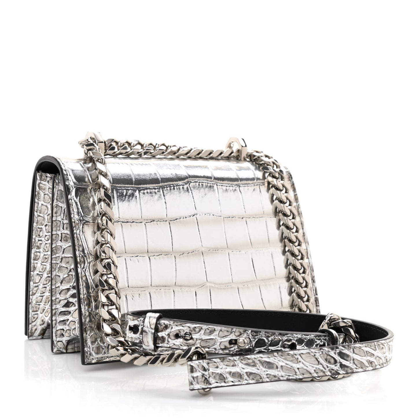 Metallic Crocodile Embossed Jeweled Satchel Silver
