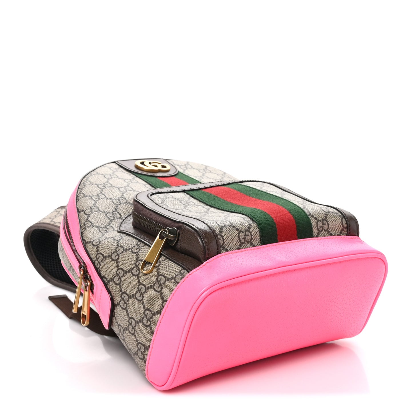GG Supreme Monogram Textured Dollar Calfskin Web Small Ophidia Day Backpack Beige Ebony Fluorescent Fuchsia