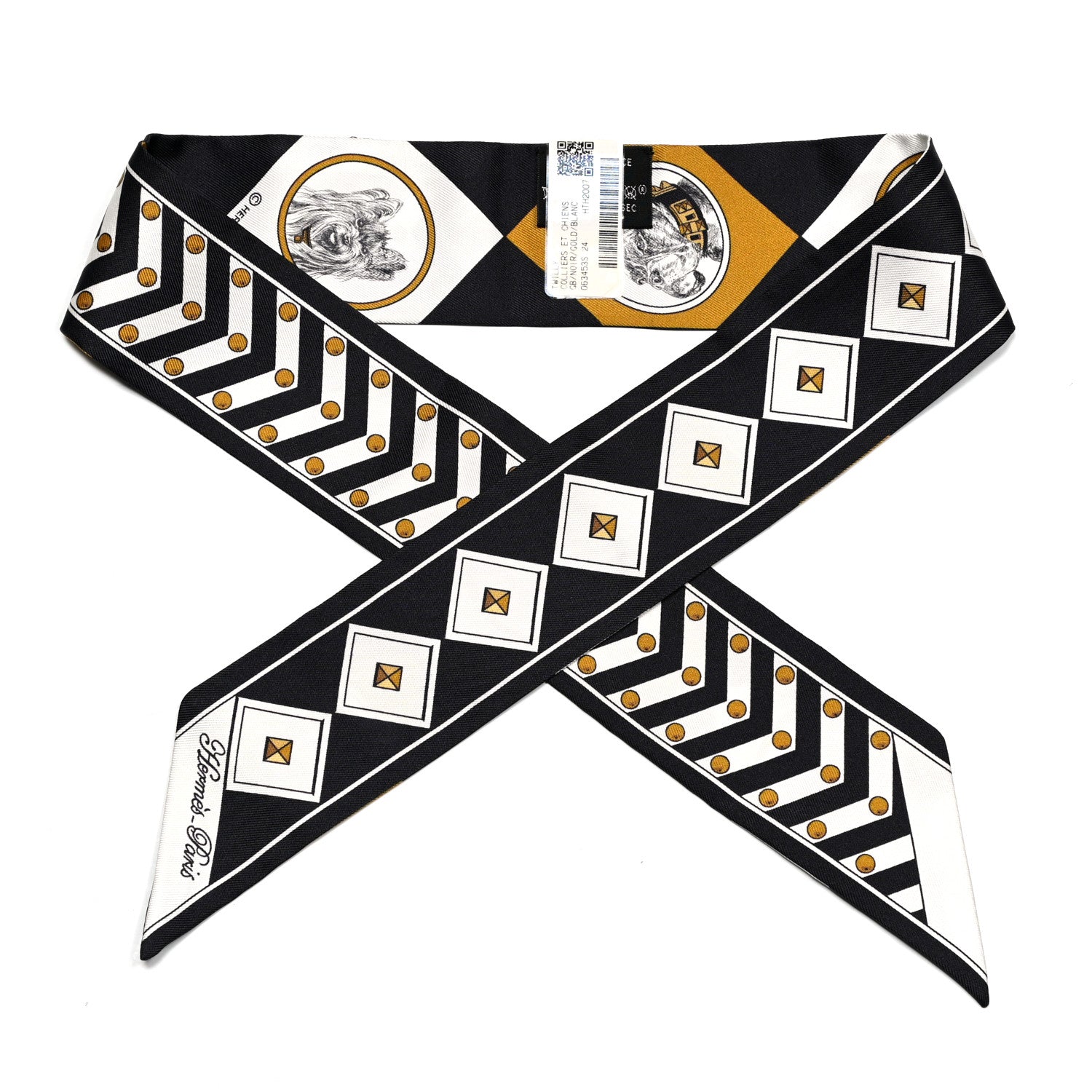 Hermes Silk Colliers Et Chiens Twilly Black Gold White 1 of 4