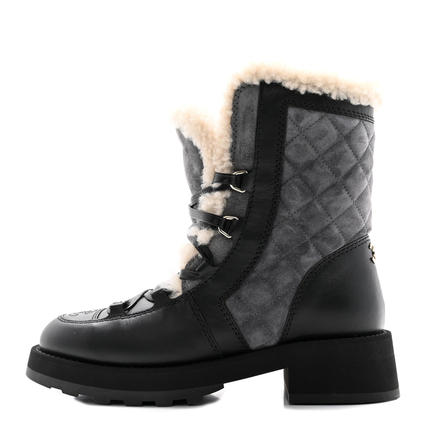 Chanel Calfskin Suede Shearling Lace Up Boots 35.5 Black Grey 1 of 9