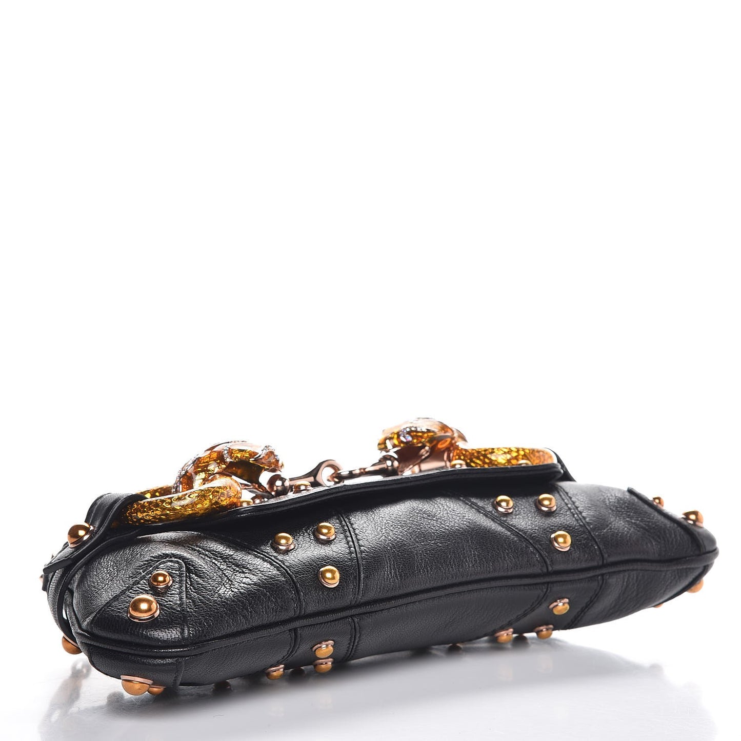 Goatskin Studded Crystal Horsebit Clutch Black