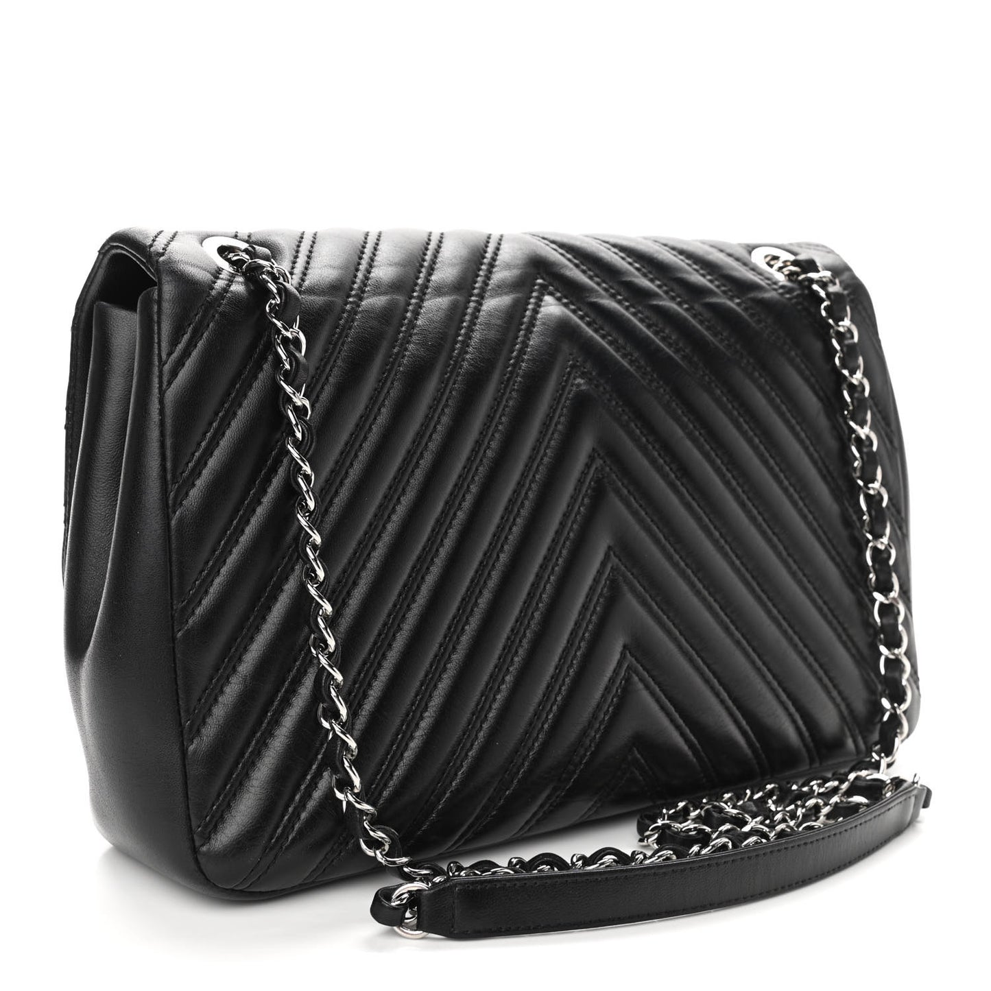 Lambskin Chevron Quilted Double Stitch Jumbo Single Flap Black