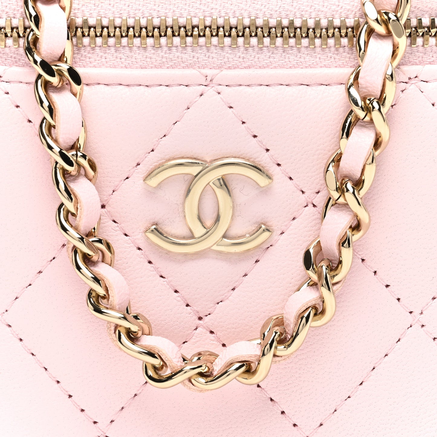 Lambskin Quilted Top Handle Mini Vanity Case With Chain Light Pink
