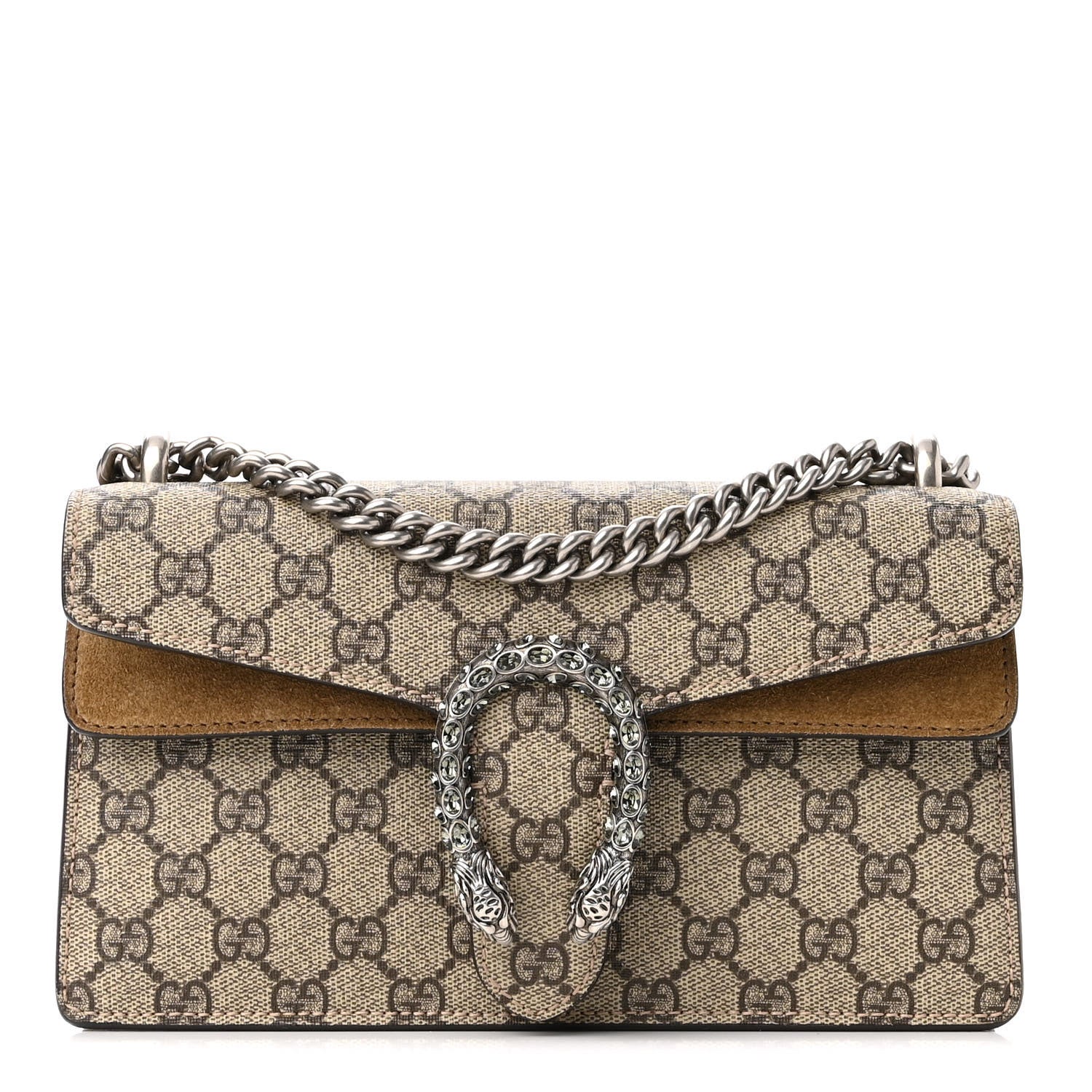 Gucci GG Supreme Monogram Suede Crystal Small Dionysus Shoulder Bag Beige Ebony Taupe 1 of 11