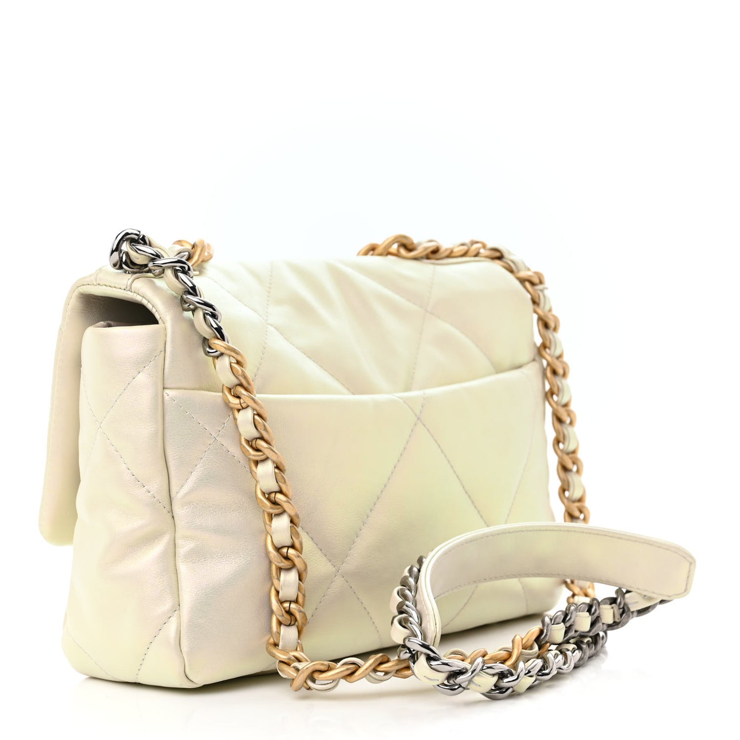 Iridescent Calfskin Quilted Medium Chanel 19 Flap White