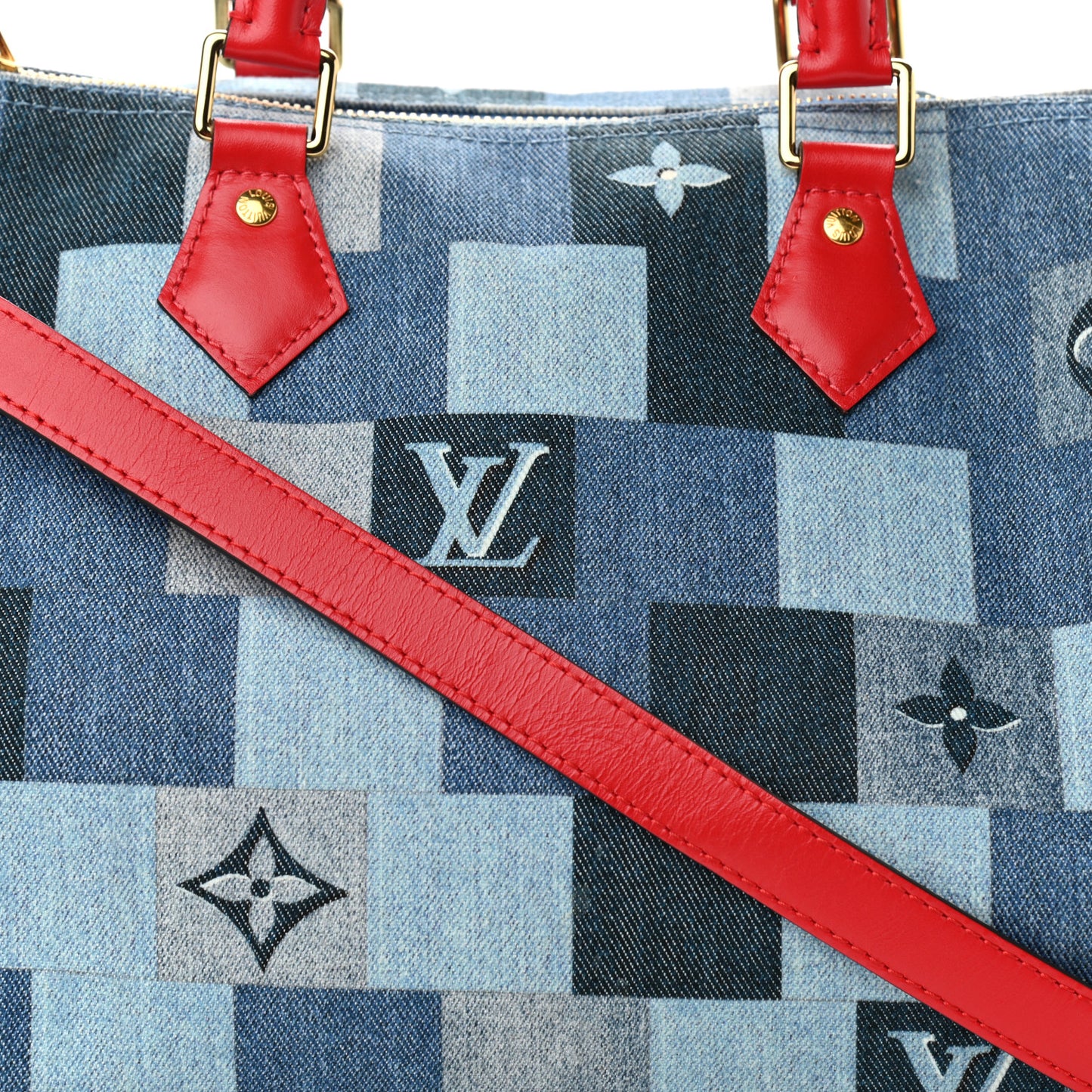 Denim Damier Monogram Patchwork Speedy Bandouliere 30 Blue Rouge