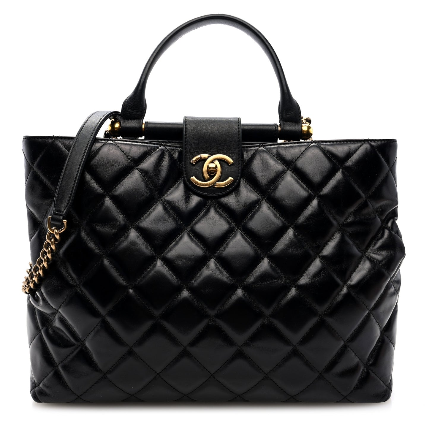 Glazed Calfskin Quilted Gold Bar Tote Black