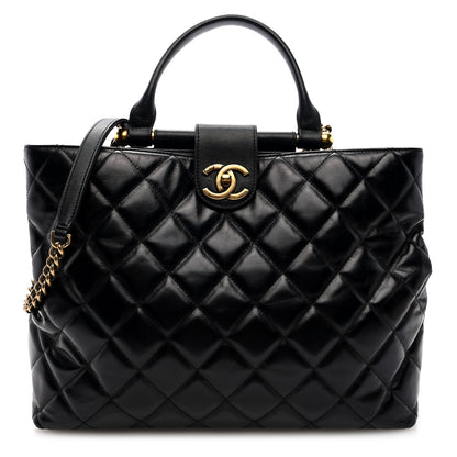 Chanel Glazed Calfskin Quilted Gold Bar Tote Black 1 of 11