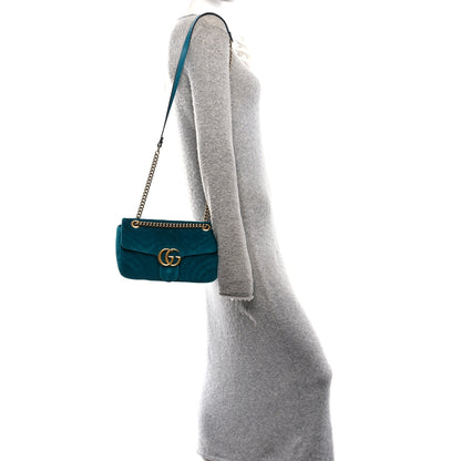 Gucci Velvet Matelasse Small GG Marmont Shoulder Bag Pavone Cyan 2 of 11