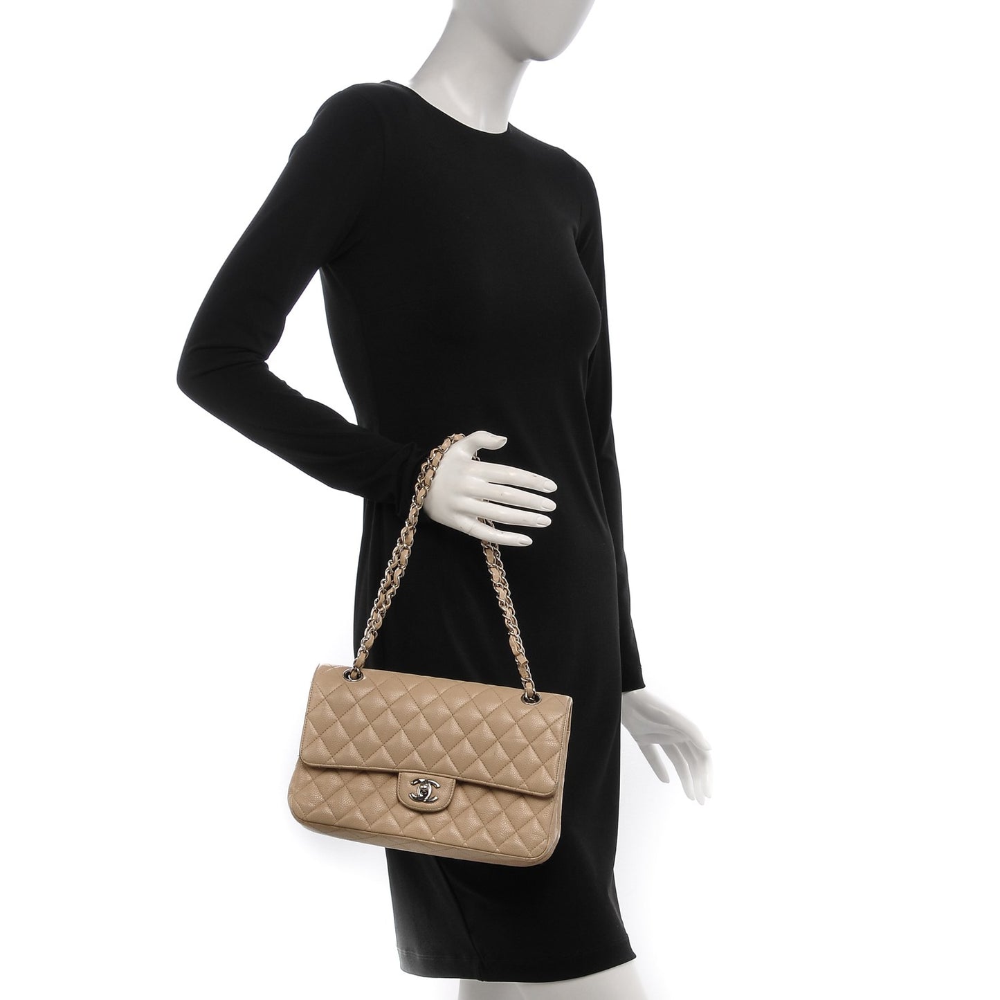 Caviar Quilted Medium Double Flap Beige Clair