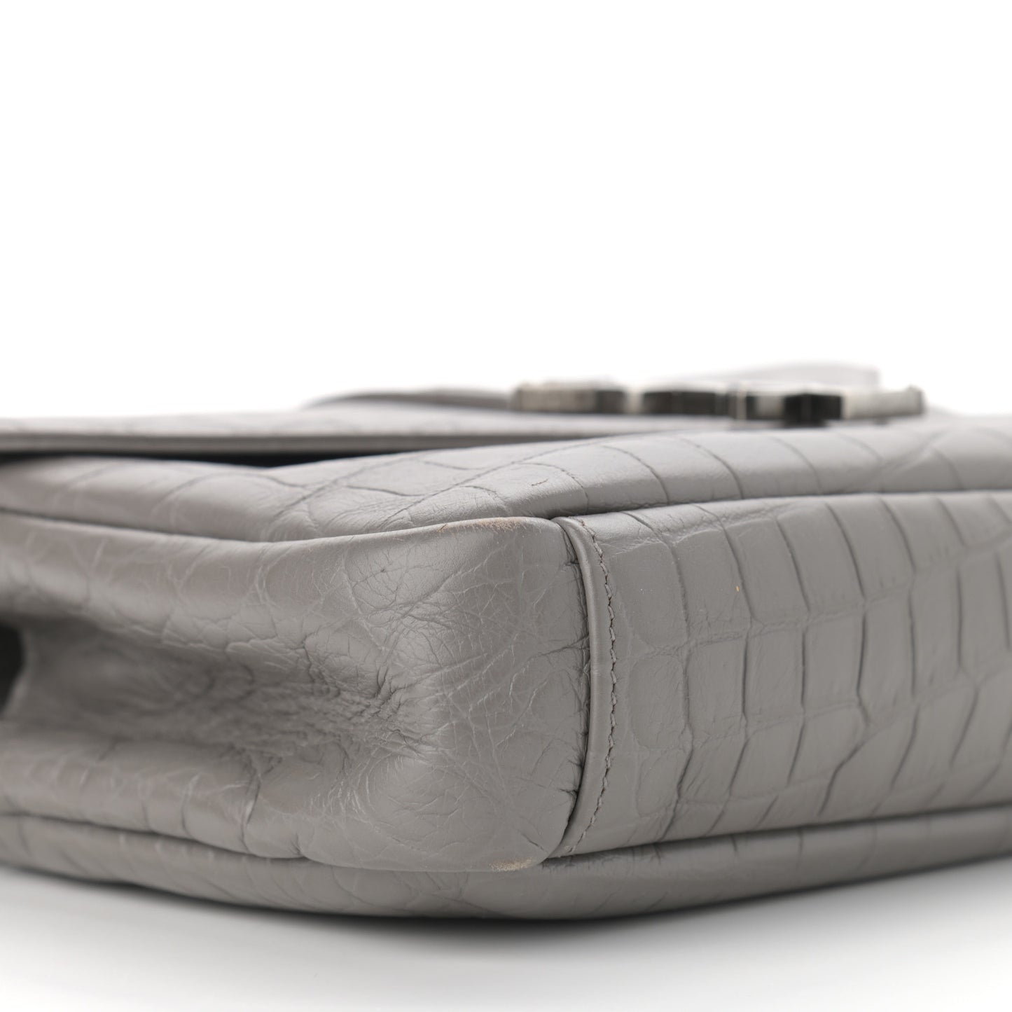Calfskin Crocodile Embossed Medium College Monogram Satchel Gray