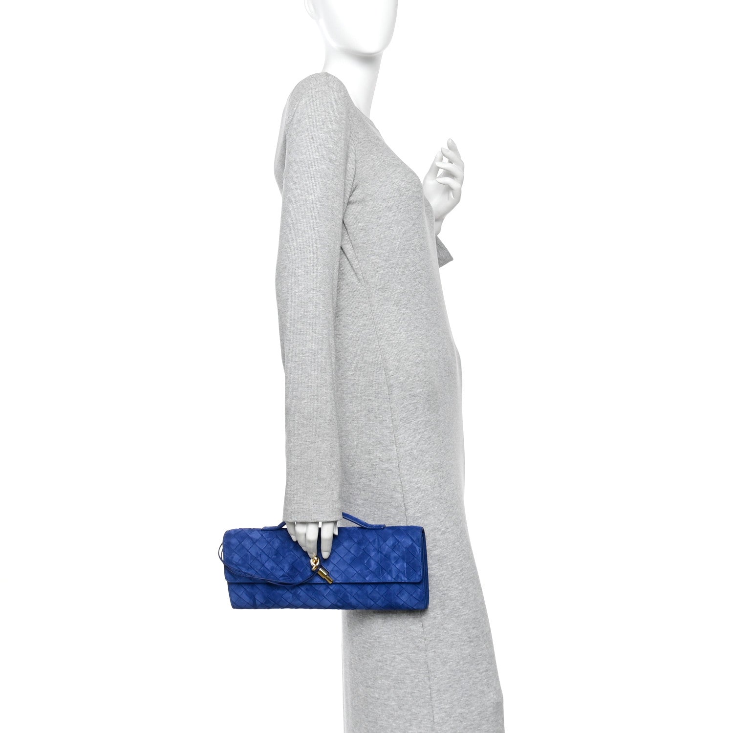 Bottega Veneta Suede Intrecciato Long Andiamo Top Handle Clutch Blue Royal 2 of 9