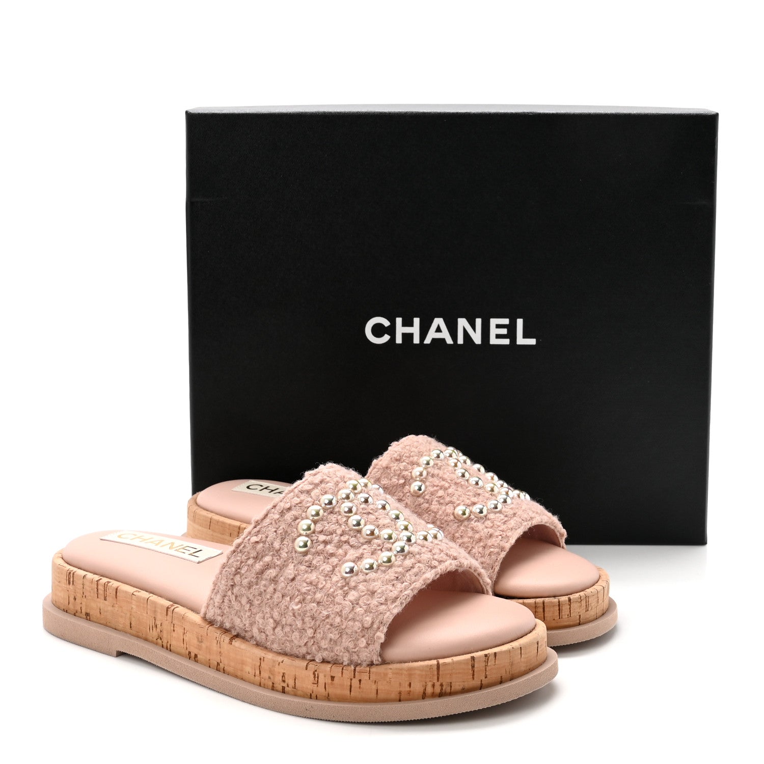 Chanel Fabric Pearl Cork CC Slip On Sandals 38 Pink 1908963