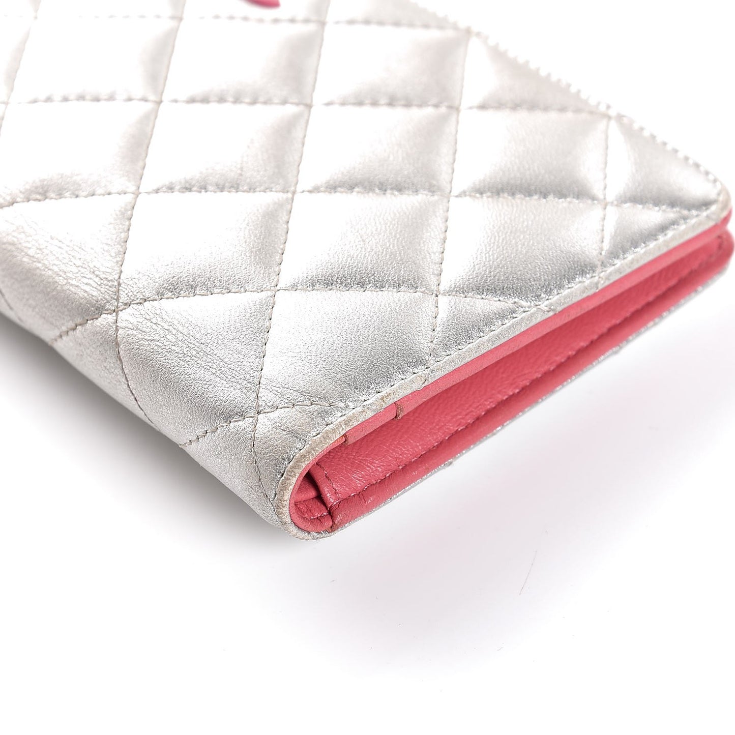 Metallic Lambskin Quilted Yen Wallet Silver Pink