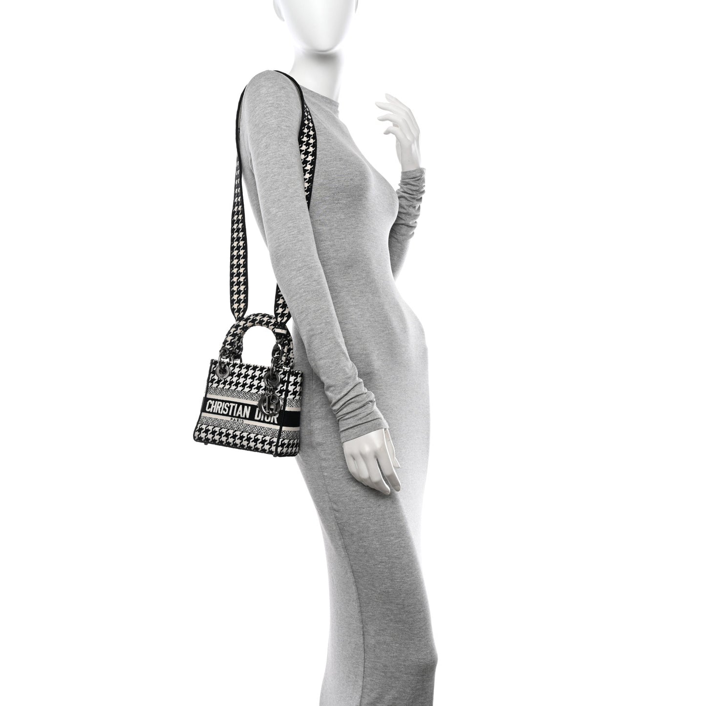 Canvas Houndstooth Embroidered Mini Lady D-Lite Black White