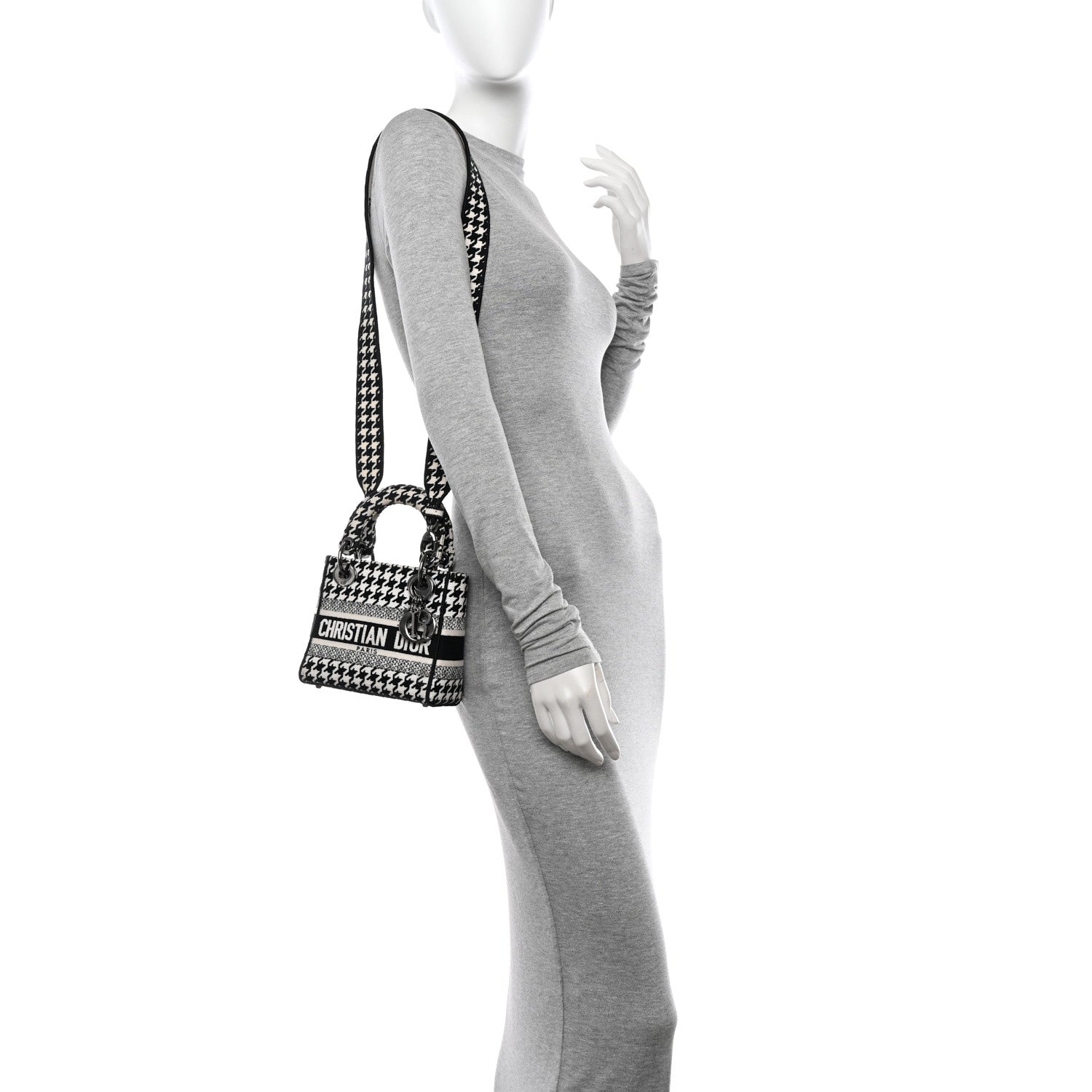 Christian Dior Canvas Houndstooth Embroidered Mini Lady D-Lite Black White 2 of 10