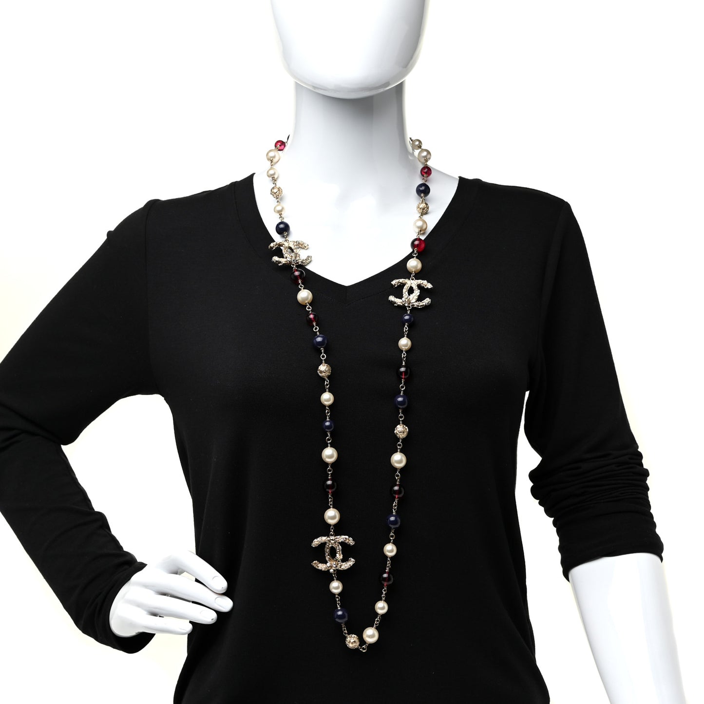 Beaded Pearl CC Long Strand Necklace Blue Red Gold
