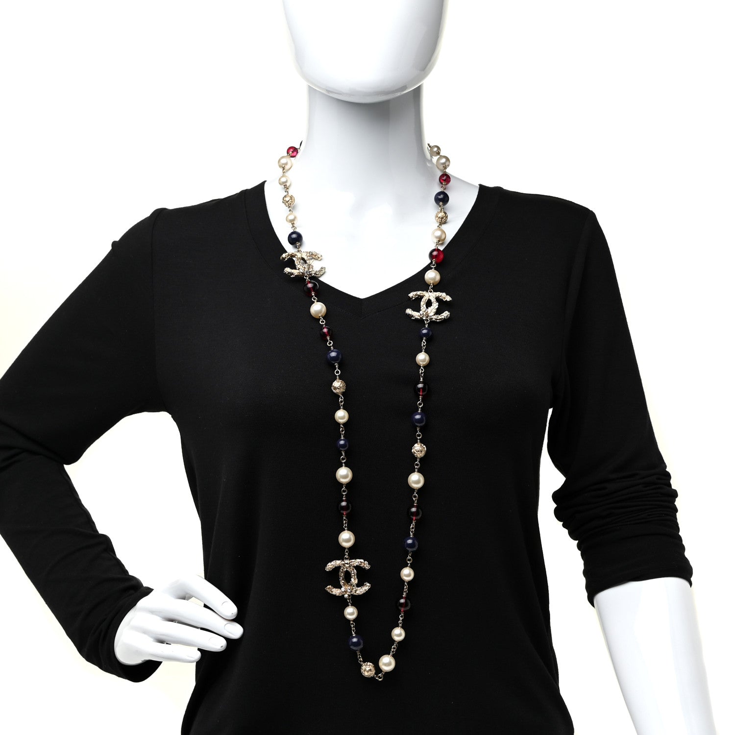 Chanel Beaded Pearl CC Long Strand Necklace Blue Red Gold 2 of 5