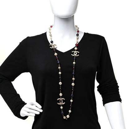 Chanel Beaded Pearl CC Long Strand Necklace Blue Red Gold 2 of 5