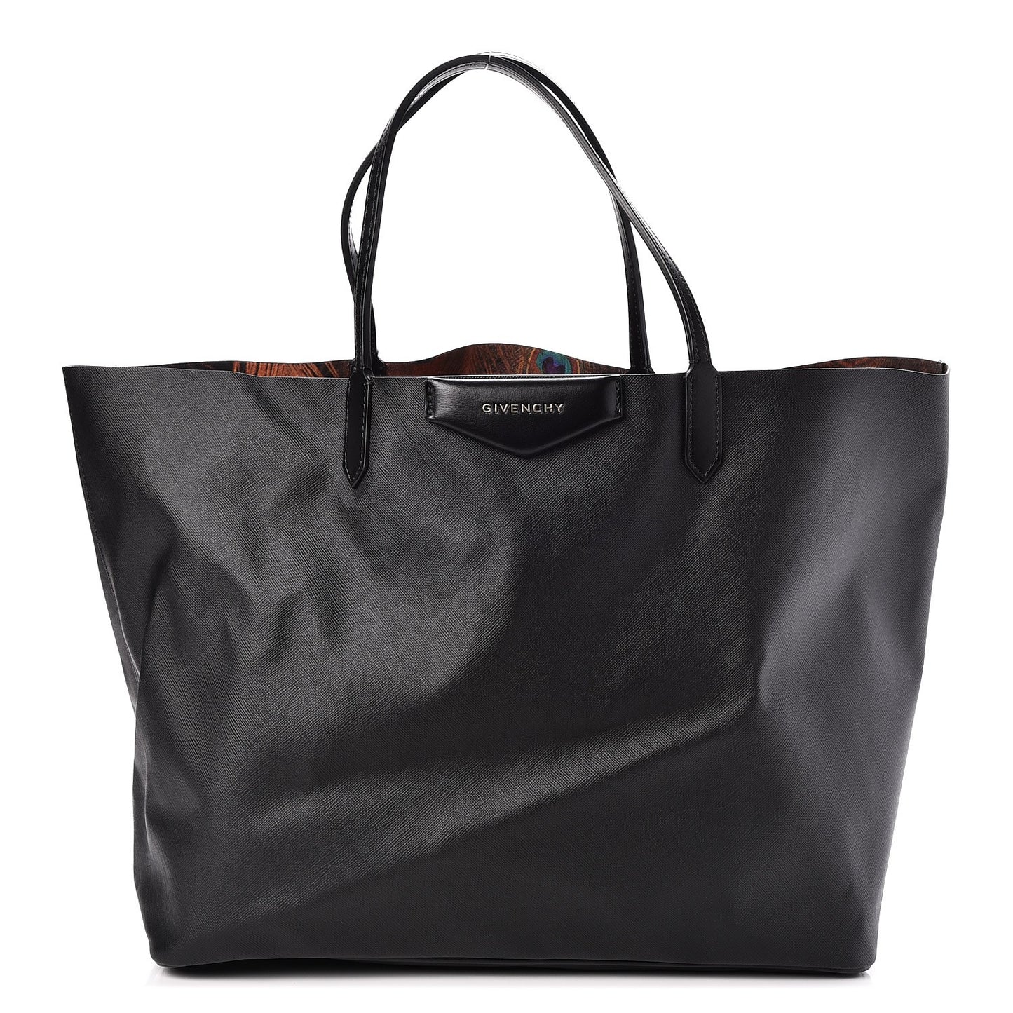 Textured Coated Canvas Peacock Print Large Antigona Tote Black