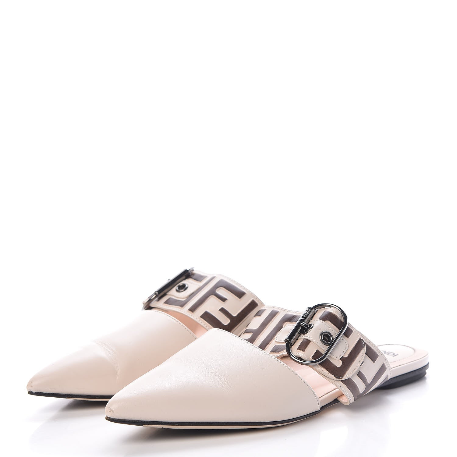 Fendi Vitello FF Embossed Buckle Flat Mules 36.5 Camelia Moresco 3 of 17