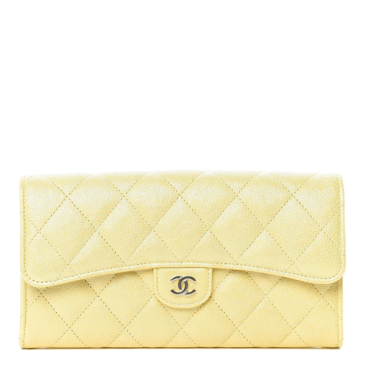 Iridescent Caviar Quilted Long Gusset Flap Wallet Yellow