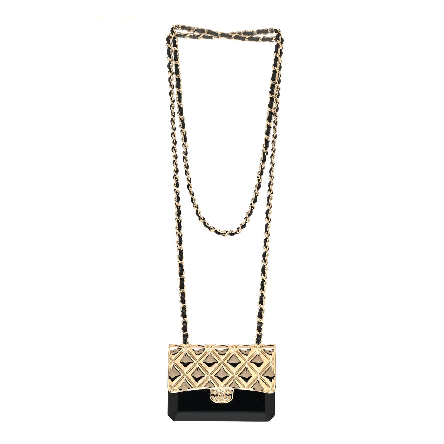 Metal Resin Lambskin Flap Bag Long Necklace Gold Black