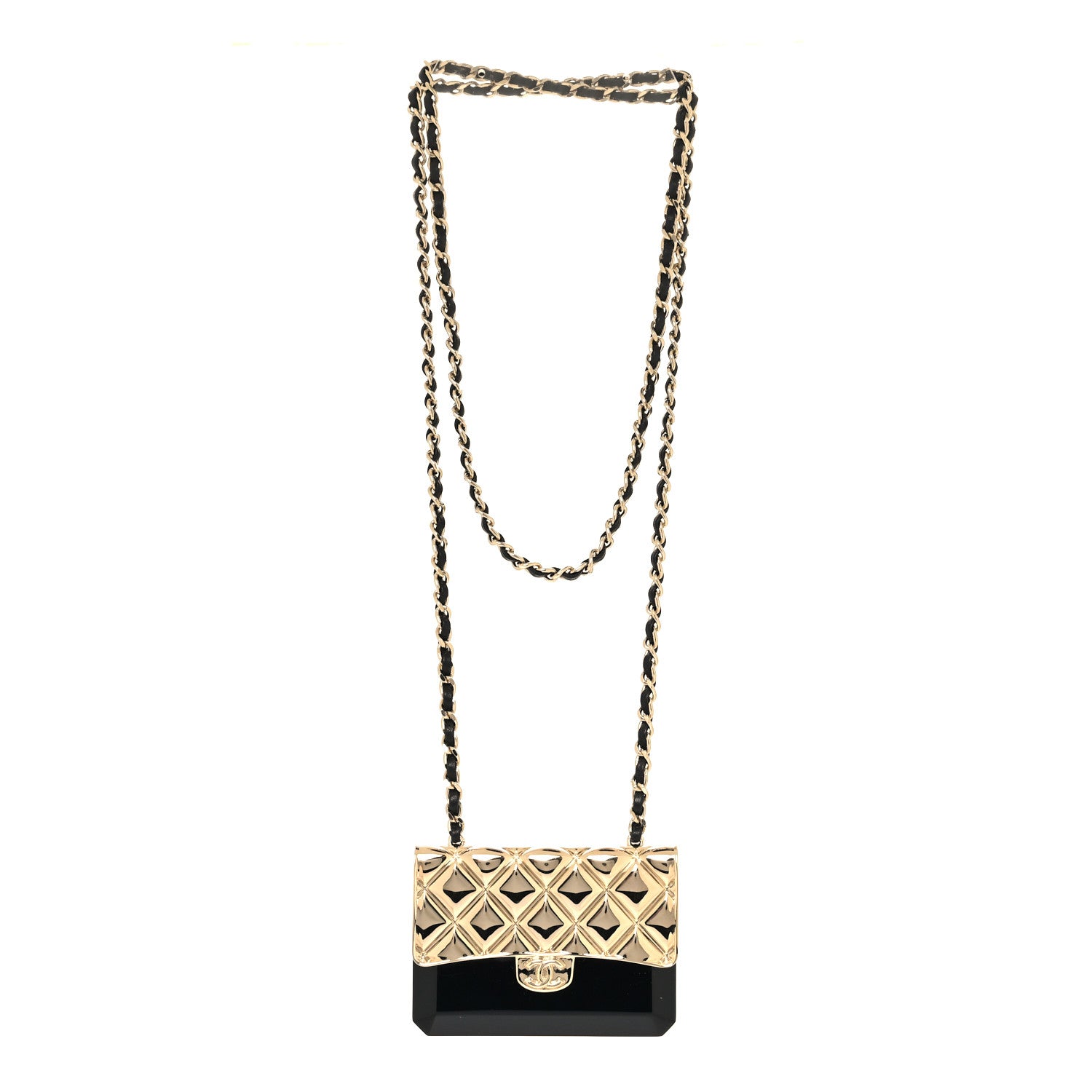 Chanel Metal Resin Lambskin Flap Bag Long Necklace Gold Black 3 of 5