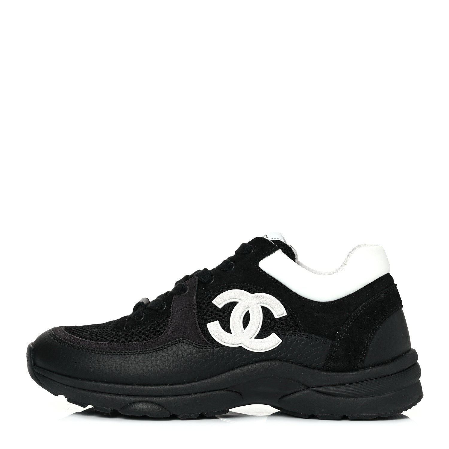 Chanel Mesh Suede Grained Calfskin Womens CC Sneakers 37.5 Black White 1 of 9