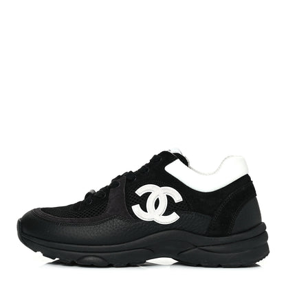 Chanel Mesh Suede Grained Calfskin Womens CC Sneakers 37.5 Black White 1 of 9