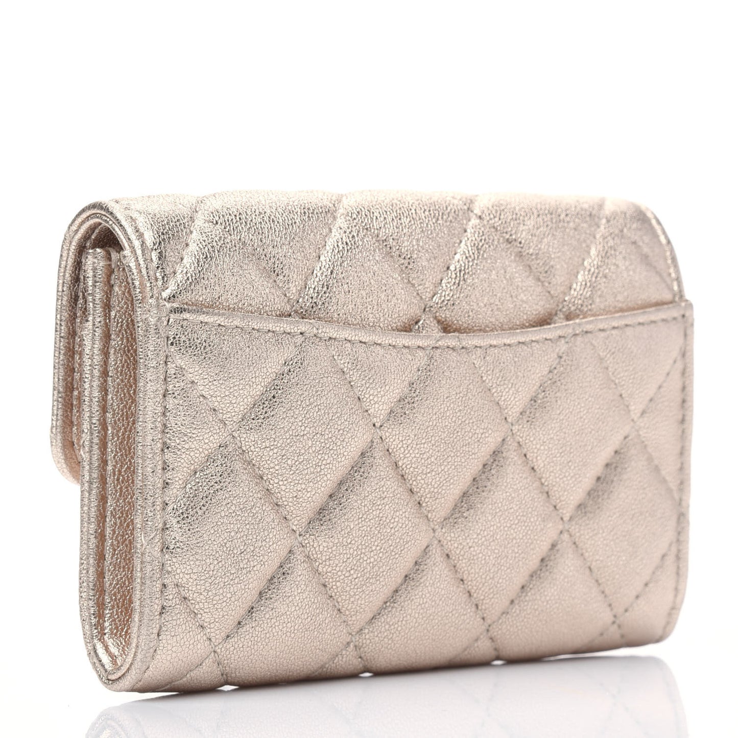 Metallic Lambskin Quilted Flap Card Holder Wallet Gold
